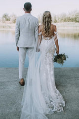 Dressystars White Wedding Dress V Neck Lace Mermaid Spaghetti Strap Off The Shoulder Cap Sleeves Bridal Gown