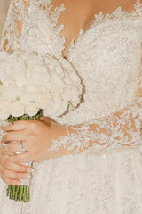 Dressystars White Wedding Dress V Neck Lace Sequined Ball Gown Sleeves Cathedral Train Bridal Gown