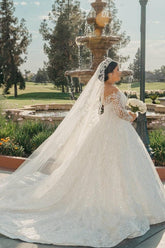 Dressystars White Wedding Dress V Neck Lace Sequined Ball Gown Sleeves Cathedral Train Bridal Gown
