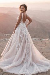 Dressystars White Wedding Dress V Neck Spaghetti Strap A Line Backless Tulle Lace Bridal Gown With Appliques