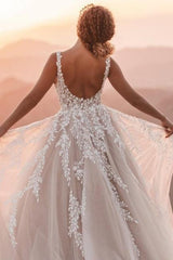 Dressystars White Wedding Dress V Neck Spaghetti Strap A Line Backless Tulle Lace Bridal Gown With Appliques