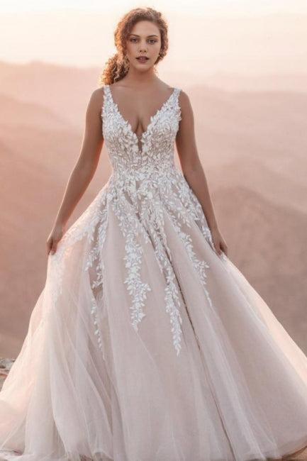 Dressystars White Wedding Dress V Neck Spaghetti Strap A Line Backless Tulle Lace Bridal Gown With Appliques