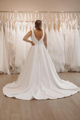 Dressystars White Wedding Dress V Neck Spaghetti Strap A Line Sleeveless Sweep Train Satin Bridal Gown