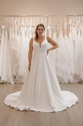 Dressystars White Wedding Dress V Neck Spaghetti Strap A Line Sleeveless Sweep Train Satin Bridal Gown