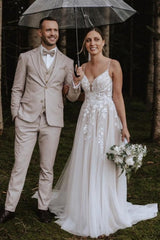 Dressystars White Wedding Dress V Neck Spaghetti Strap A Line Sweep Train Tulle Bridal Gown With Appliques