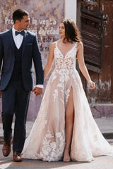 Dressystars White Wedding Dress V Neck Spaghetti Strap A Line Tulle Lace Split Bridal Gown With Appliques