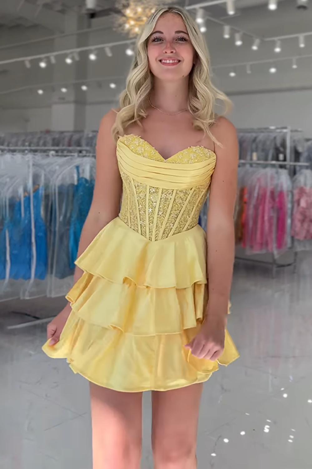 Dressystars Yellow A Line Homecoming Dresses Satin Short Corset Cocktail Dresses With Lace