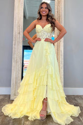 Dressystars Yellow A-Line Sweetheart Lace Top Long Chiffon Prom Dress With Ruffle Skirt Formal Evening Gown