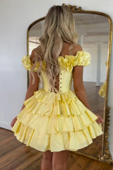 Dressystars Yellow Homecoming Dress Off The Shoulder Corset Short Prom Dress With Ruffles