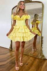 Dressystars Yellow Homecoming Dress Off The Shoulder Corset Short Prom Dress With Ruffles