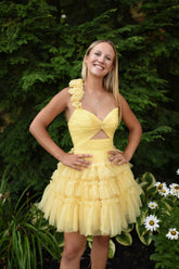 Dressystars Yellow Homecoming Dress One Shoulder Ruffled A-Line Short Prom Dress
