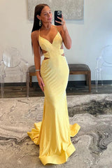 Dressystars Yellow Mermaid Prom Dress With Cutout Waist Lace Up Corset And Beaded Details Formal Evening Gown