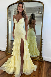 Dressystars Yellow Mermaid Spaghetti Straps Lace Up Long Prom Dress With Ruffle Skirt Formal Evening Gown