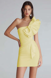 Dressystars Yellow Satin Satin One Shoulder Short Tight Homecoming Dress with Ruffles