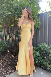 Dressystars Yellow Satin Spaghetti Straps Long Ruched Prom Dress With Slit Formal Evening Gown