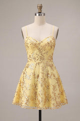 Dressystars Yellow Spaghetti Straps Sequin A-Line Short Homecoming Dress