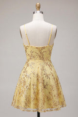 Dressystars Yellow Spaghetti Straps Sequin A-Line Short Homecoming Dress