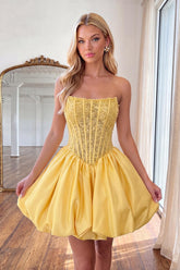 Dressystars Yellow Strapless A-Line Beaded Short Corset Homecoming Dress