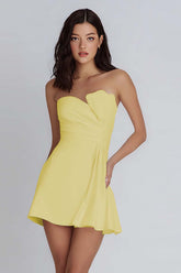 Dressystars Yellow Strapless Satin Short A-Line Homecoming Dress with Ruffles