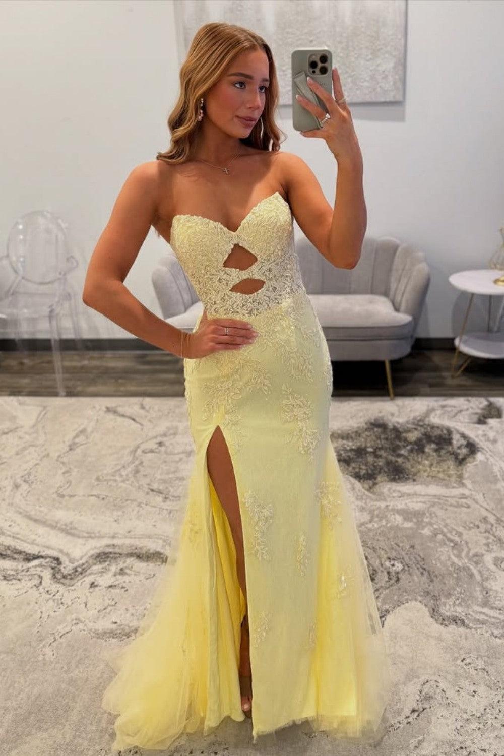 Dressystars Yellow Sweetheart Lace Up Cutout Prom Dress With Lace Details Formal Evening Gown