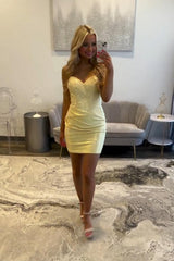 Dressystars Yellow Tight Homecoming Dresses Ruched Short Cocktail Dresses With Beading