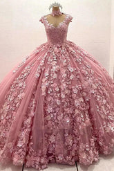 Dressystarselegant Ball Gown Sweetheart Neck Sleeveless 3D Flower Appliques Beaded Pink Tulle Princess Gown Quinceanera Dress For Sweet 16