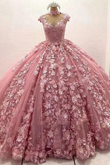 Dressystarselegant Ball Gown Sweetheart Neck Sleeveless 3D Flower Appliques Beaded Pink Tulle Princess Gown Quinceanera Dress For Sweet 16