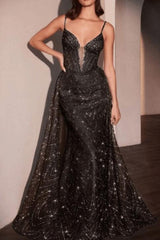 Dusty Blue Prom Dress Sequined Spagheetti Straps Evening Dress with Detachable Train