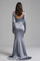 Dressystars Dusty Blue Satin Mermaid Backless Long Sleeves Prom Dress With Slit