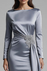 Dressystars Dusty Blue Satin Mermaid Backless Long Sleeves Prom Dress With Slit