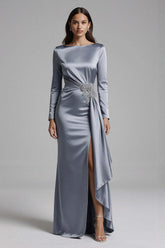 Dressystars Dusty Blue Satin Mermaid Backless Long Sleeves Prom Dress With Slit