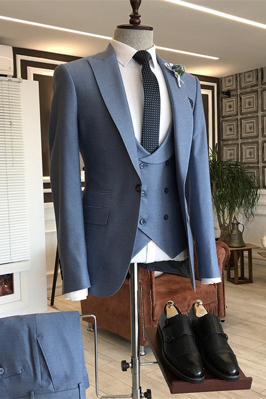 Dusty Blue Three Piece Peaked Lapel Business Suit