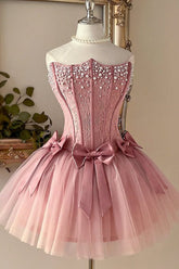 Dusty Rose Pearl Lace Corset Homecoming Dress with Triple Bow & Tulle Skirt