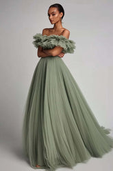 Dusty Sage Formal Dress Tulle A Line Long Wedding Guest Dress With Ruffles