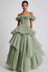 Dusty Sage Formal Dress Tulle Off The Shoulder Ball Gown Wedding Guest Dress With Ruffles