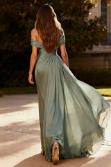 Dressystars Dusty Sage One Shoulder Chiffon Ruched Long Prom Dress With Side Cape