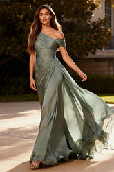 Dressystars Dusty Sage One Shoulder Chiffon Ruched Long Prom Dress With Side Cape