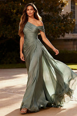 Dressystars Dusty Sage One Shoulder Chiffon Ruched Long Prom Dress With Side Cape
