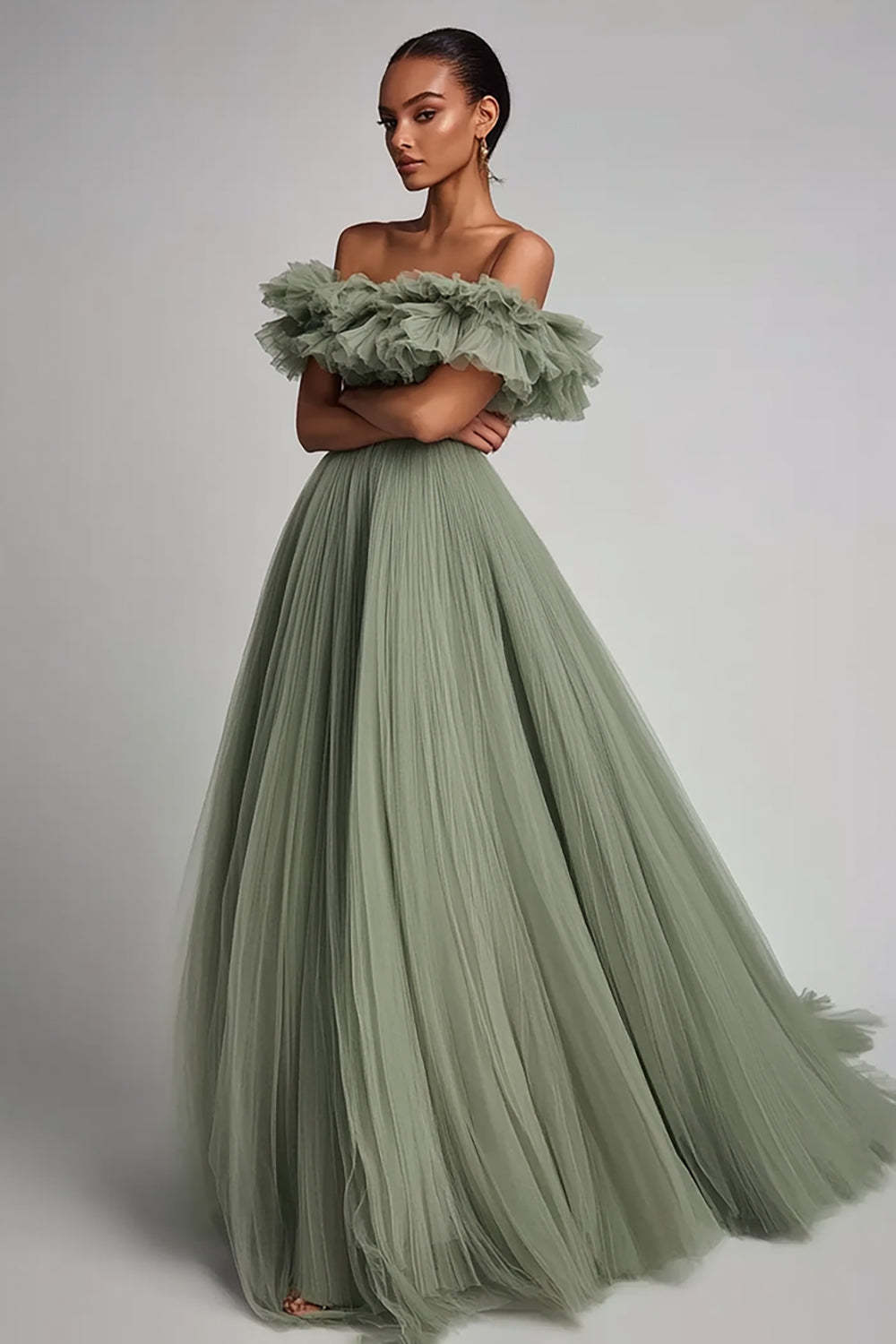 Dusty Sage Prom Dress Tulle A Line Long Formal Dress With Ruffles