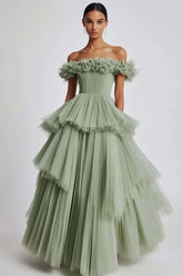Dusty Sage Prom Dress Tulle Off The Shoulder Ball Gown Formal Dress With Ruffles