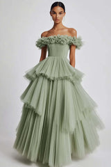 Dusty Sage Prom Dress Tulle Off The Shoulder Ball Gown Formal Dress With Ruffles