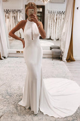 Effortless Simple White Halter Open Back Long Wedding Dress