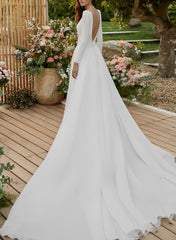 Elastic Satin Wedding Dress Scoop Neck Long Sleeves Court Train