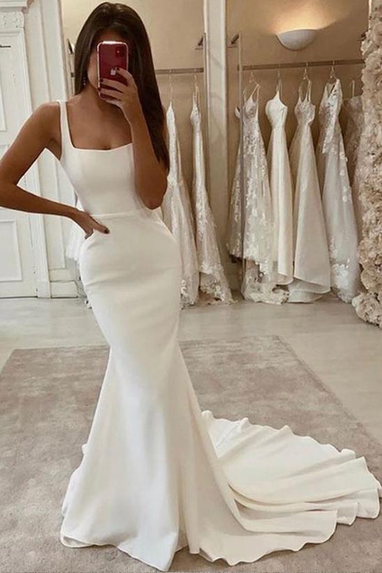 Elastic Satin Wedding Dress with Mermaid Square Neckline and Sleeveless