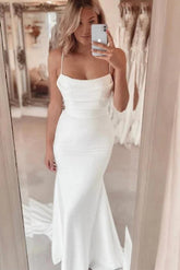 Elastic Satin Wedding Dress with Sheath/Column Square Neckline and Sleeveless Sweep Train