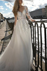 Elegant A Line Illusion Neck Long Sleeves Sweep Train Lace/Tulle Wedding Dress