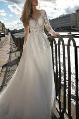 Elegant A Line Illusion Neck Long Sleeves Sweep Train Lace/Tulle Wedding Dress