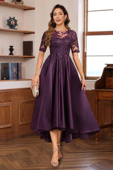 Elegant A-Line Princess Round Neck Short Sleeve Asymmetrical Mother of the Bride & Groom Dress with Lace Appliques