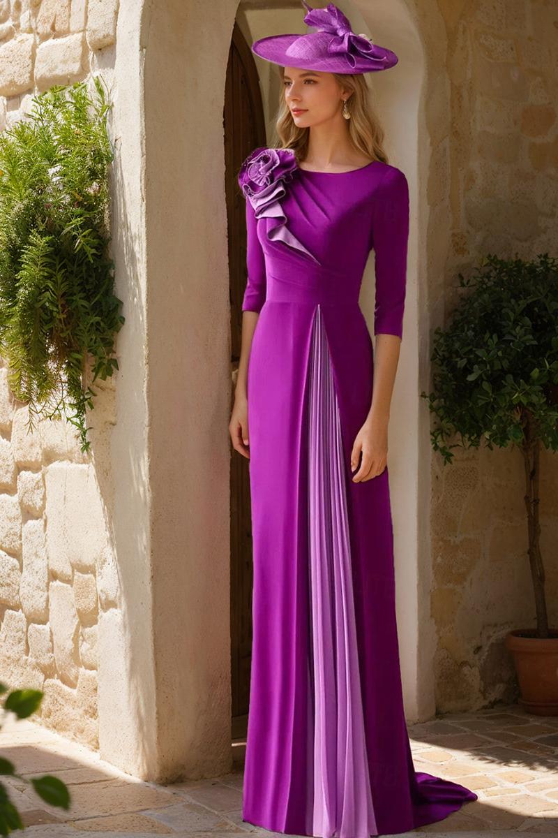 Elegant A-Line Princess Scoop Neck Mother of the Bride Dress with 3/4 Sleeves Ruffles & Flower
