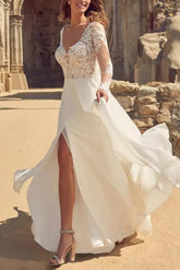 Elegant A Line V neck Wedding Dress With Long Sleeves and Split Front